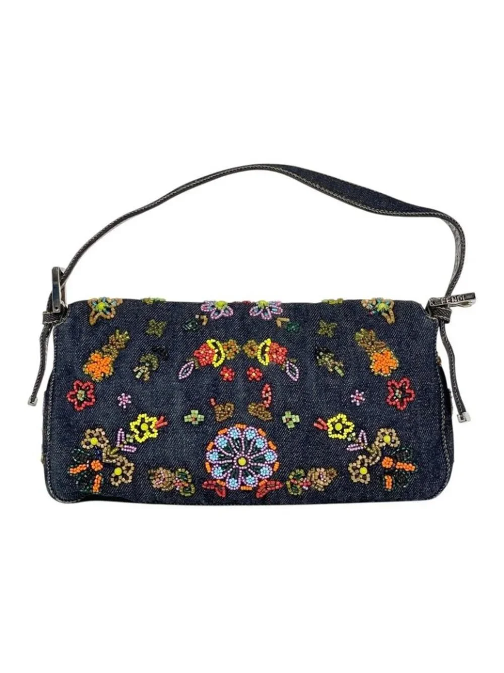 Fendi Zucca Pattern Mamma Baguette Beads Embroidery Shoulder Bag Denim Navy - Picture 3 of 15